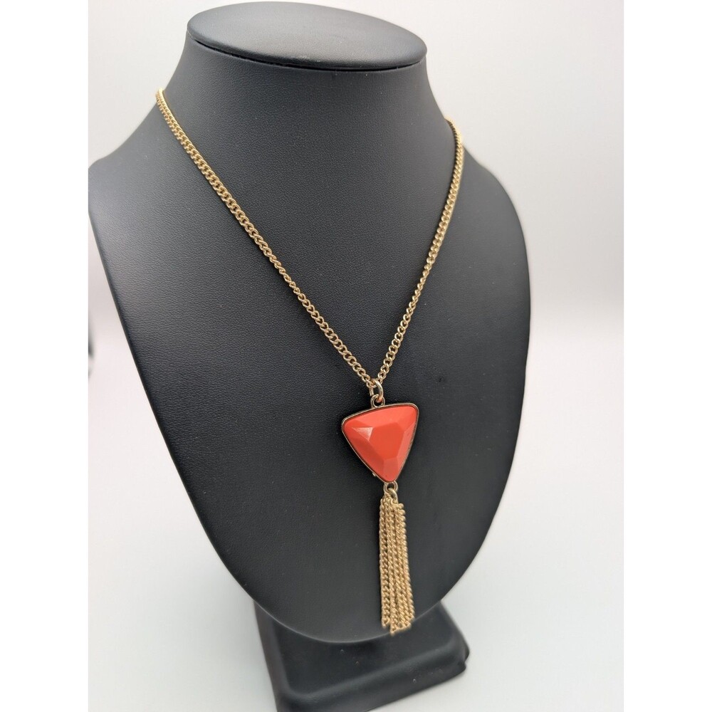 Vintage Gold Tone Long Necklace Orange Coral Triangle Pendant Fringe Tassel
